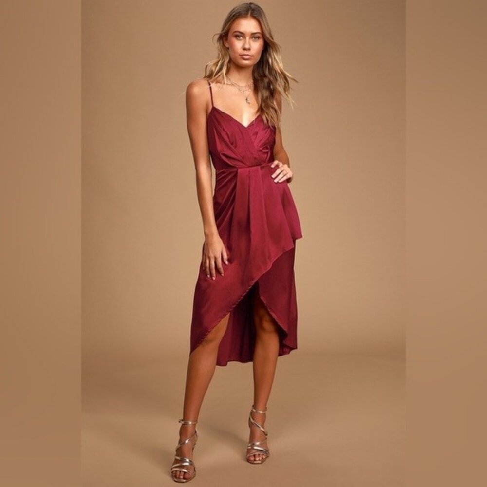 Lulu's Just a Dash Burgundy Satin High-Low Midi Dress